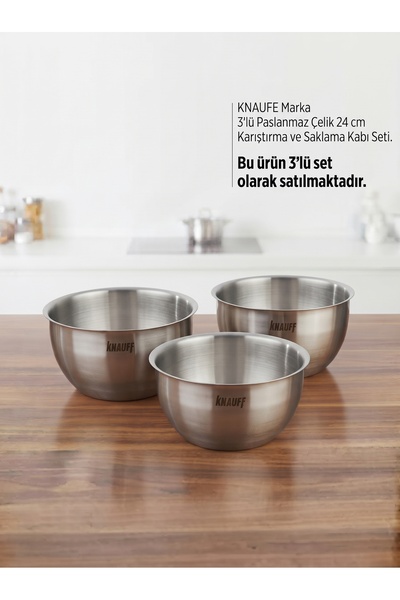 KNAUFE 3 lü 16 cm kapaksız 304 kalite paslanmaz çelik karıştırma kabı kase