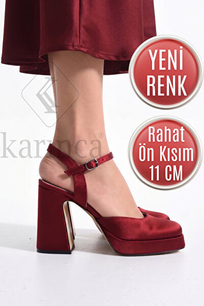 Karınca Kına Ayakkabısı - 11 Cm Önü Kapalı Bordo Saten Topuklu Ayakkabı