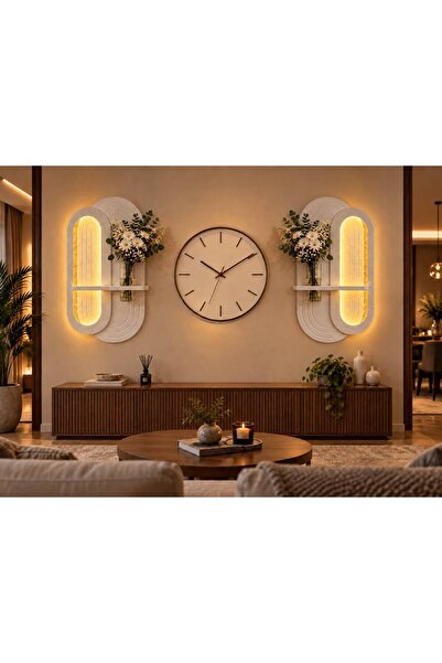 Mars design İkili Led Işıklı Dekoratif Duvar Tablosu MDF Cam Vazo Raflı 73*43