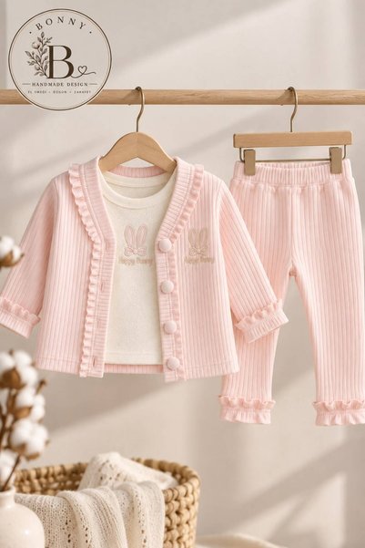 Pembe Tavsan Nakışlı 3 lü Set Hırka, Uzun Kollu Nakışlı Üst ve Alt Pantolon