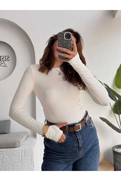 Kadın Beyaz İç Göstermez Parmak Geçmeli Bisiklet Yaka Uzun Kollu Body Bluz