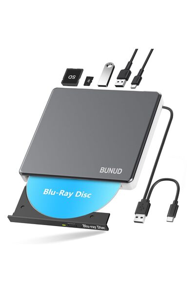 bunudic BUNUD Harici Blu Ray CD DVD Sürücüsü USB 3.0 ve Tip-C CD/DVD Blu-Ray Yazıcı Yazıcı, 2 USB ve SD/TF