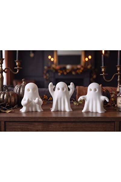 3’lü Mini Hayalet Biblo Seti Beyaz 6 cm – Dekoratif Halloween Masa ve Raf Süsü