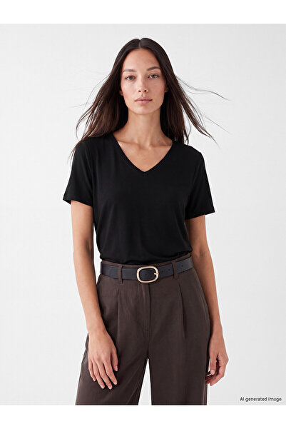 LC Waikiki Alita City Black Combed Cotton Plain Standard & Regular Short Slee...
