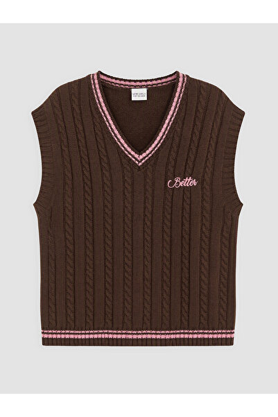 LC Waikiki Lcw Kids Brown Knitwear Embroidered Girls' Sweater with Nevavm Dif...