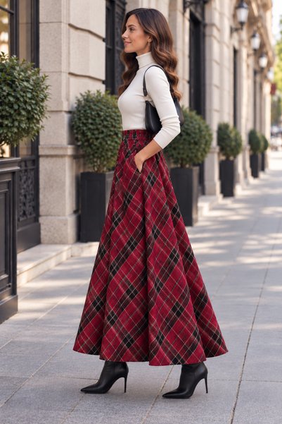 SELDAĞ MODA Italian Plaid Chanel Fabric 90 cm Fully Flared Skirt with Elastic Waist and Hidden Pockets