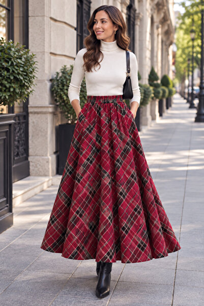 SELDAĞ MODA Italian Plaid Chanel Fabric 90 cm Fully Flared Skirt with Elastic...