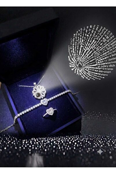 HKN AVM ACCESSORİES Işıklı Kutuda 100 Dilde Seni Seviyorum Kolye Açılıp kapanan yonca kolye Gümüş Renk Ayarlanabilir Kalp Yüzük Kalp Bileklik Ciddi İlişki Yüzük Sevgililer Günü Hediyesi Doğum Günü Hediyesi