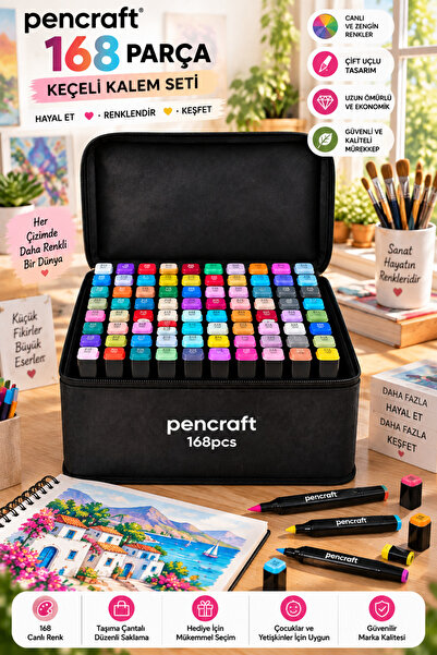 SYN AKSESUAR Pencraft 168’li Profesyonel Çift Uçlu Marker Keçeli Kalem Seti –...