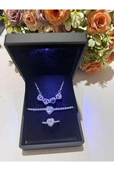 HKN AVM ACCESSORİES Işıklı Kutuda 100 Dilde Seni Seviyorum Kolye Açılıp kapanan yonca kolye Gümüş Renk Ayarlanabilir Kalp Yüzük Kalp Bileklik Ciddi İlişki Yüzük Sevgililer Günü Hediyesi Doğum Günü Hediyesi