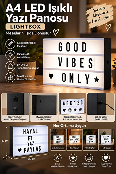 NEBİL HOME A4 LED Işıklı Yazı Panosu Lightbox – Harf ve Sembollü Dekoratif Mesaj Panosu 30x22 cm