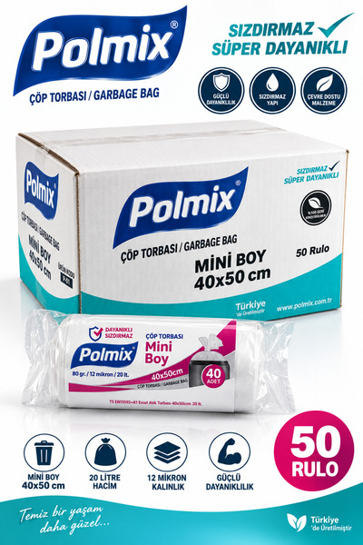 Başol Polmix Mini Boy Çöp Torbası 40x50 cm 20 Litre 12 Mikron 40’lı x 50 Rulo...