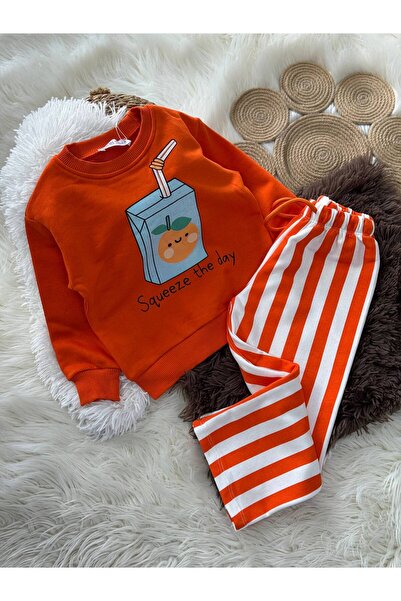 Genel Markalar Unisex Çocuk Baskılı Sweatshirt Çizgili Pantolon Takım
