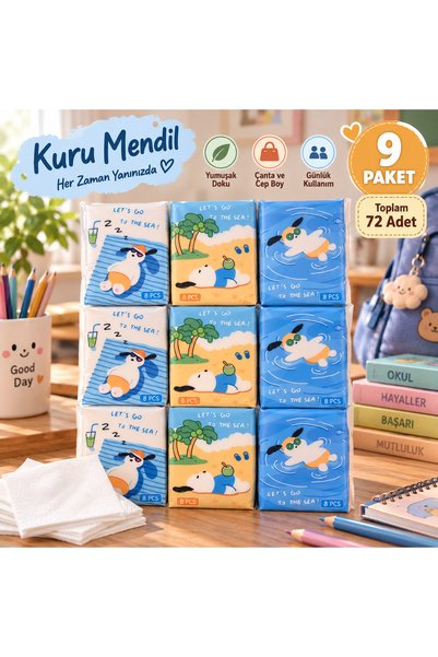 KEA 9 Paket 72 Adet Kuru Mendil Cep Boy Yumuşak Mendil Çanta ve Okul Çantası İçin Pratik Kullanım