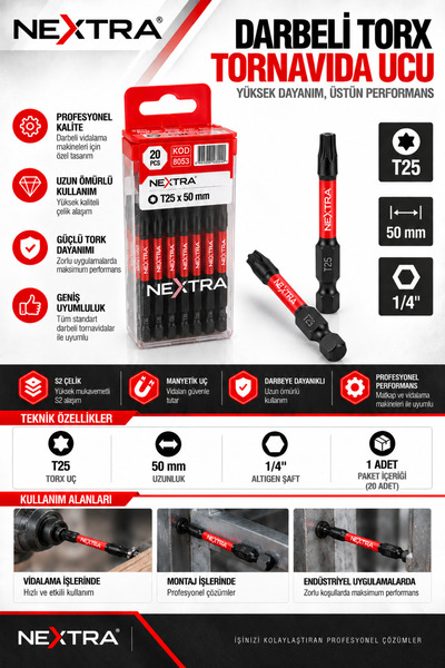 NEXTRA T25 x 50 mm Darbeli Torx Tornavida Ucu 1/4" Altıgen Şaft S2 Çelik Many...