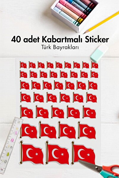 Bimotif 40lı Büyük Boy Kabartmalı Sticker Seti - Türk Bayrağı, Flama, Ay Yıldız