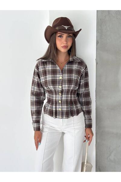 Budan Export Women's Gold Buttoned Plaid Waist Pleated Long Sleeve Lumberjack...