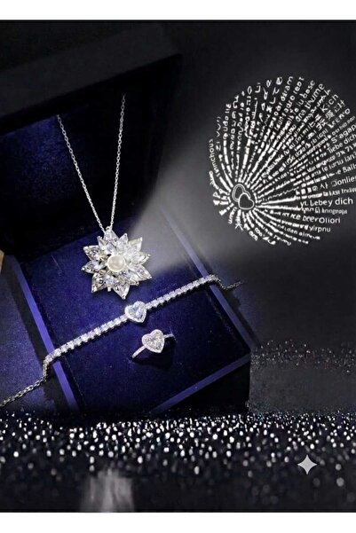 HKN AVM ACCESSORİES Işıklı Kutuda 100 Dilde Seni Seviyorum Lotus Kolye Gümüş Renk Ayarlanabilir Kalp Yüzük Kalp Bileklik Ciddi İlişki Yüzük Sevgililer Günü Hediyesi Doğum Günü Hediyesi