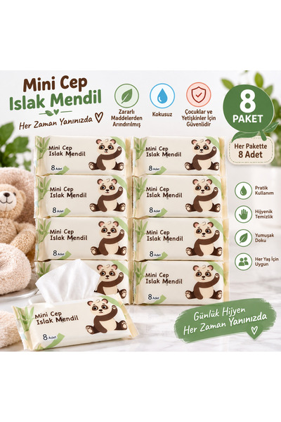 KEA 8 Paket Mini Cep Islak Mendil 64 Adet Kokusuz Panda Desenli Cep Mendili Ç...