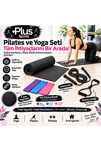 PLUSSPORT 7 MM PİLATES MİNDERİ + 3'LÜ DİRENÇ BANDI + ATLAMA İPİ + KELEBEK DİR...
