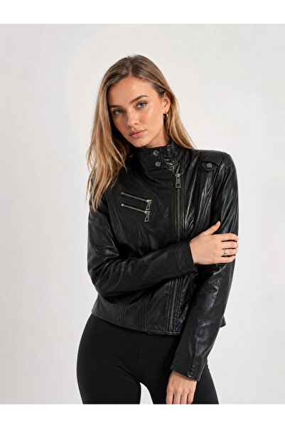 The Leather Craft Kadın Siyah %100 Hakiki Deri Dik Yaka Fermuar Detaylı Biker...