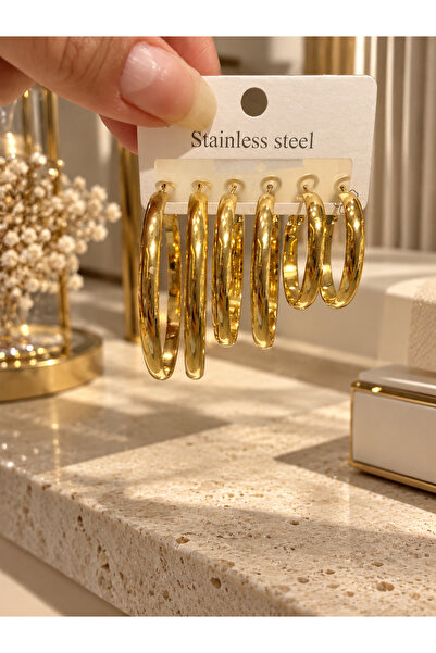 Caelvra Accessories Kadın Çelik Halka Küpe 3 Farklı Boy Büyük Orta Küçük Gold...