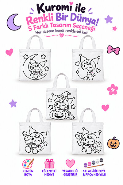 flaze Kuromi 5'li Boyanabilir Bez Çanta Seti 25x25 cm Kalın Kumaş Çocuk Boyam...