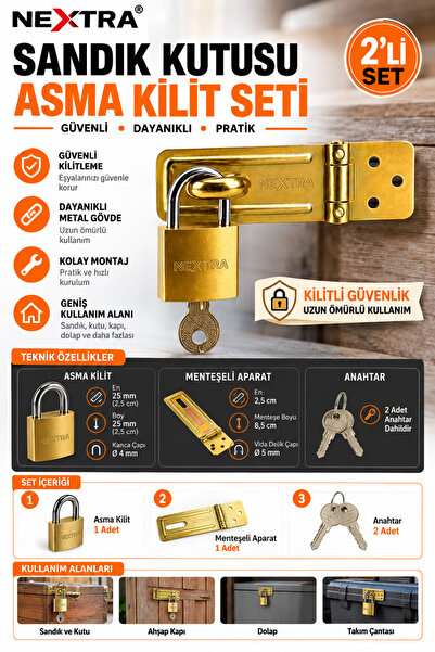 NEXTRA Chest Box Padlock Set 25 mm Hinged Locking Device + Padlock + 2 Keys