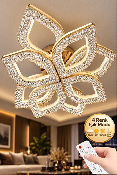 Melize Flora Model Gold 8"li Ledli Tavana Sıfır 3 Renk Modu Kristal Salon Mut...