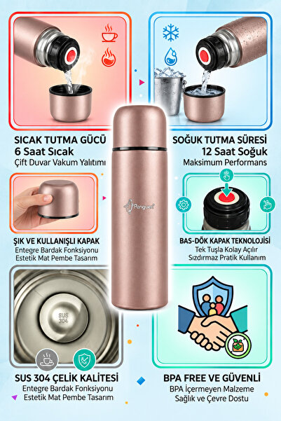 Penguen Mama Termosu 700 ml SUS304 Çelik Termos Sıcak Su Çay Kahve Termosu Bardaklı Vakumlu BPA Free