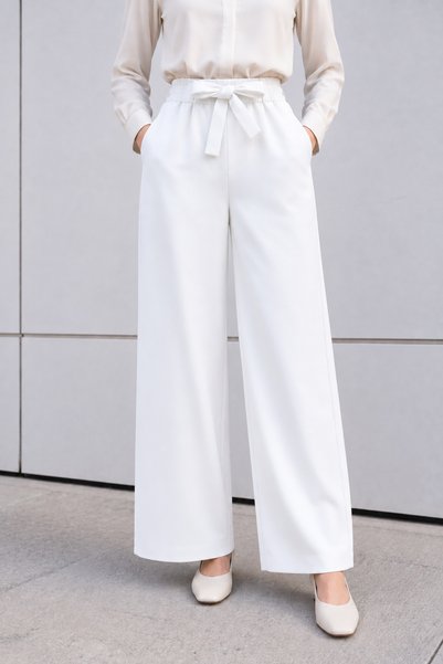 bellura Duble Kumaş Beli Kuşaklı Geniş Regular İnce Dokuma Tesettür Paça Pant...