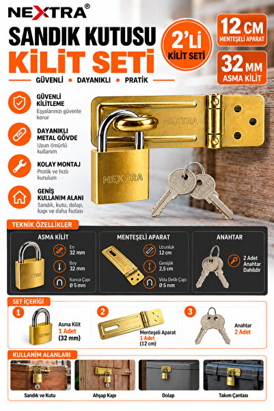 NEXTRA Chest Box Padlock Set 32 mm Hinged Locking Device + Padlock + 2 Keys