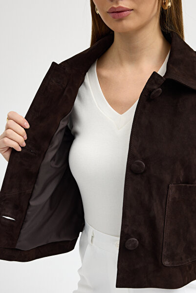 The Leather Craft Kadın Acı Kahve %100 Hakiki Süet Deri Gömlek Yaka Düğmeli C...