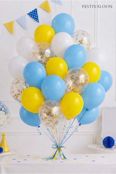 FESTİVALOON Yellow Light Blue White 20Pcs Balloon with Gold Confetti Transpar...