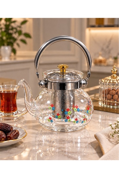 ABAREEK Colorful Flower Pattern Transparent Glass Teapot with 1200ml Inner St...