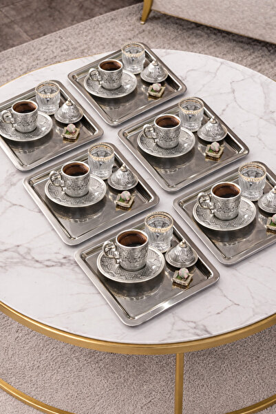 FOBHOME 6'lı Paslanmaz Çelik 21x21cm Kare Çay, Kahve, Pasta Servis Tepsisi Dekoratif Sunum Tepsisi