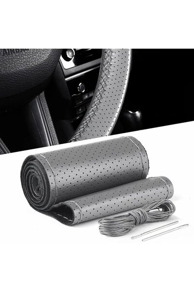 OEM Husa volan din PIELE GRI + ATA GRI, diametru 37 - 39 cm (se coase, aspect...