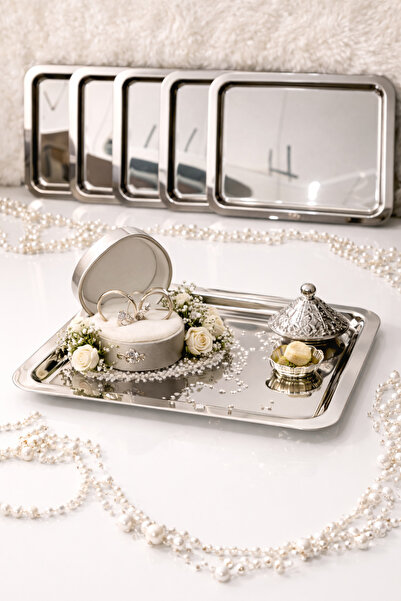 FOBHOME 6'lı Paslanmaz Çelik 21x21cm Kare Çay, Kahve, Pasta Servis Tepsisi Dekoratif Sunum Tepsisi