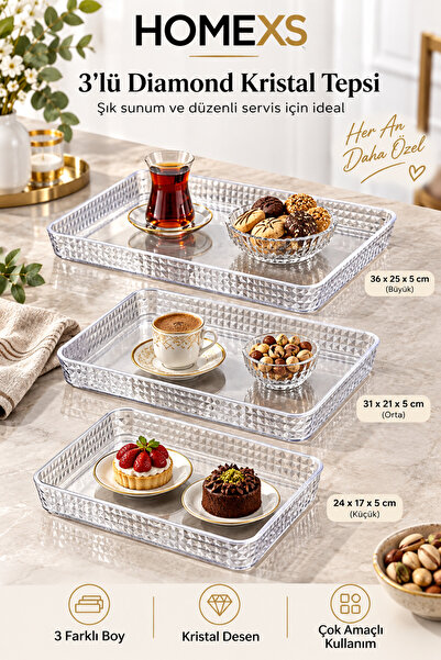 homexs 3 Lü Kristal Lüx Tepsi Çay Tepsisi Kahve Tepsisi Sunum Tepsi Seti