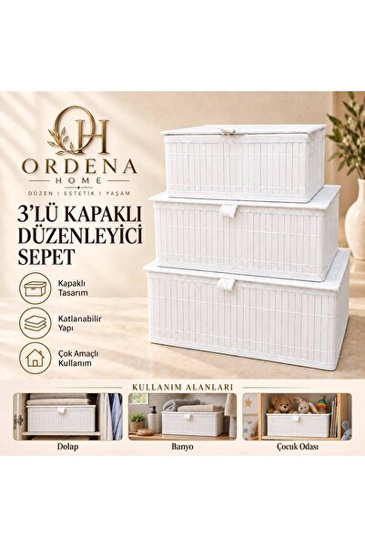 Ordena Beyaz Bambu Kapaklı Saklama Kutusu 3'lü Set – Küçük Orta Büyük Boy Düz...