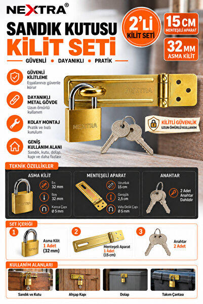 NEXTRA Chest Box Padlock Set 38 mm Hinged Locking Device + Padlock + 2 Keys