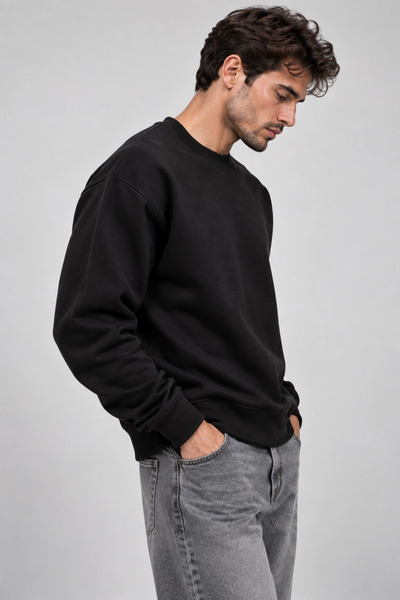 Lizbon Style Relax Fit Rahat Kesim Pamuklu İçi Polarlı Sweatshirt - Siyah