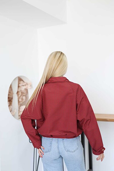 Moda Palmiss Ekose Desenli Fermuarlı Dik Yaka Uzun Kollu Oversize Bomber Ceket