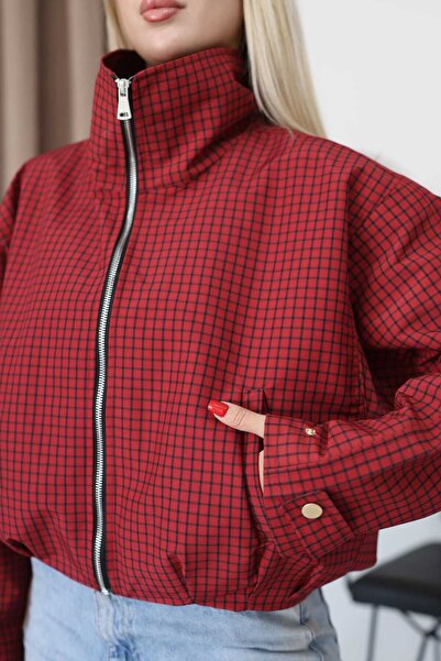 Moda Palmiss Ekose Desenli Fermuarlı Dik Yaka Uzun Kollu Oversize Bomber Ceket