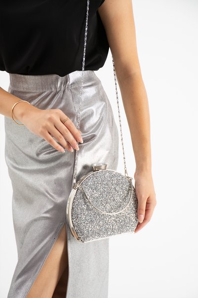 efnanstore GÜMÜŞ YUVARLAK TAŞ DETAYLI ABİYE ÇANTA GECE ÇANTASI