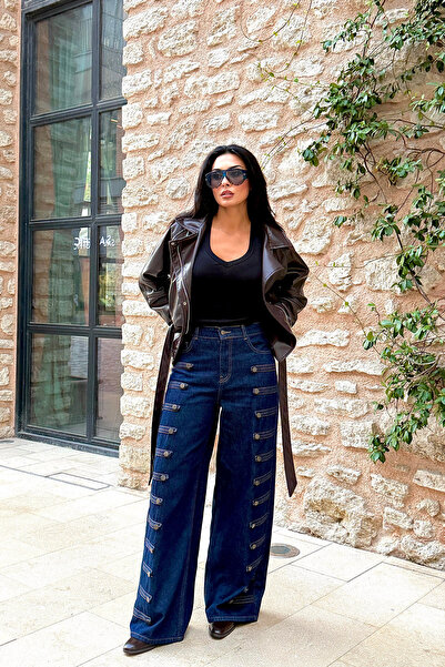 Ortaya Çık Lacivert Yanları Düğmeli Wide Leg Jean