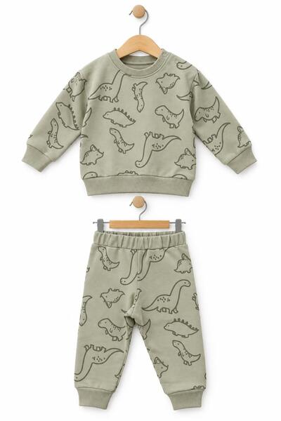 İŞLERKİDS Baby Boy 2-Piece Dinosaur Patterned Sweatshirt Pants Set Beige