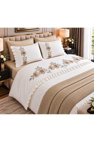 İK TEKSTİL Rosalin 100% Cotton Embroidered Blue Rose Detailed and Ruffled 7 P...