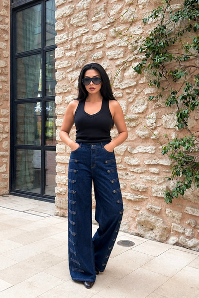 Ortaya Çık Lacivert Yanları Düğmeli Wide Leg Jean