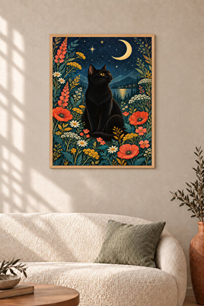 HOPE DİZAYN Siyah Kedi Ay ve Çiçekler Ahşap Çerçeveli Dekoratif Duvar Tablosu